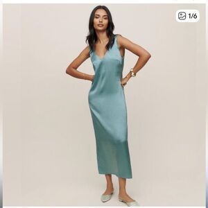 Reformation Silk Verdigris V-Neck Dress